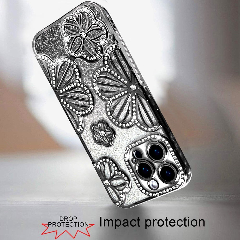 For Samsung Galaxy A16 5G Luxury Flower Design Sparkle Glitter Diamond Rhinestone Shimmer Bling Plating Thick TPU Hard PC Case Cover Flower Black