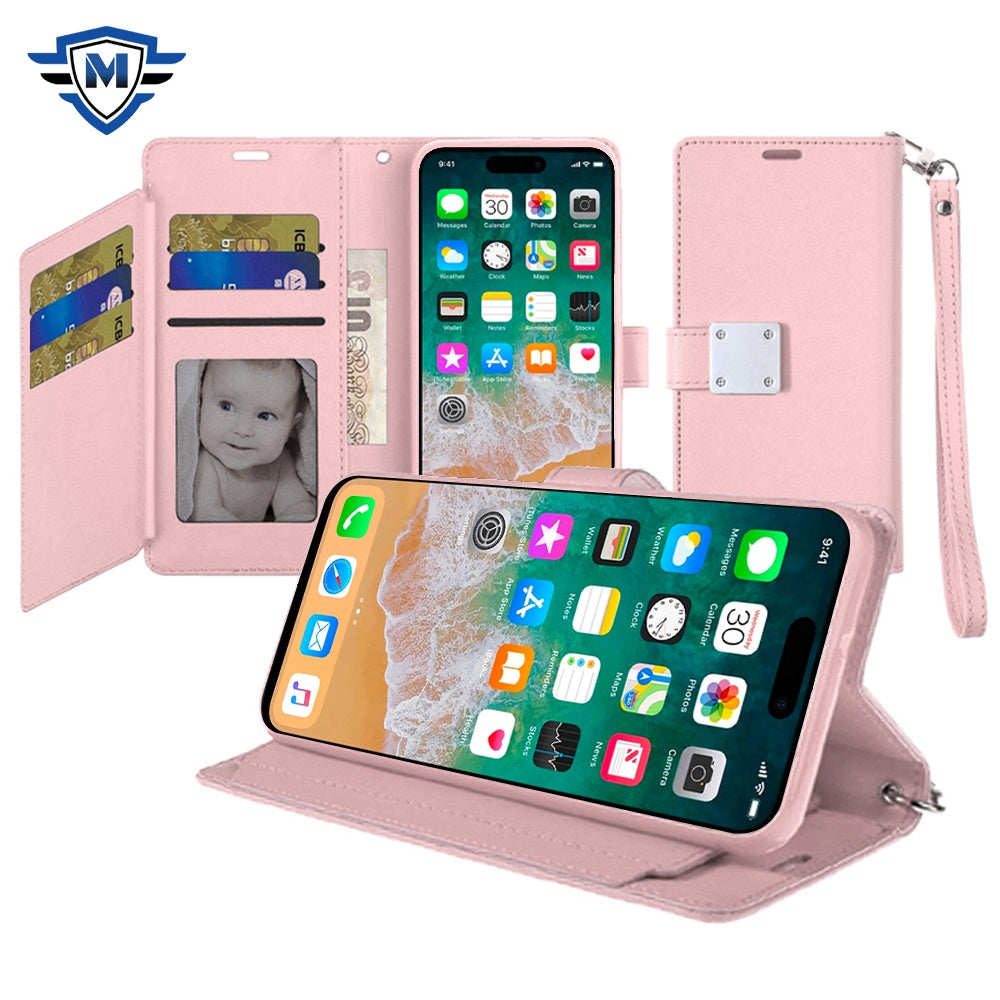 For Apple iPhone 16 Pro (6.3") Premium Leather Wallet with Credit Card ID Slots Cash Holder Duo Flip Pouch Stand and Strap Case Cover