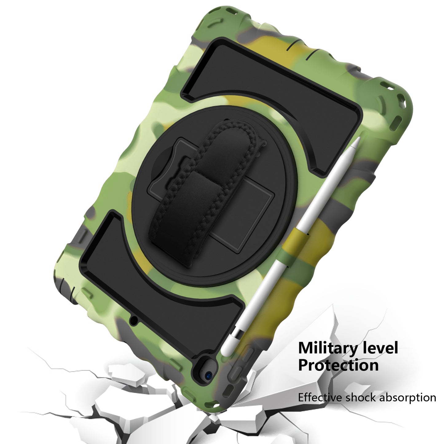 For Hybrid 3in1 Armor Rugged with Built-in Kickstand 360° Rotatable Stand & Shoulder Hand Strap Corner Shockproof Camouflage Tablet Case Cover