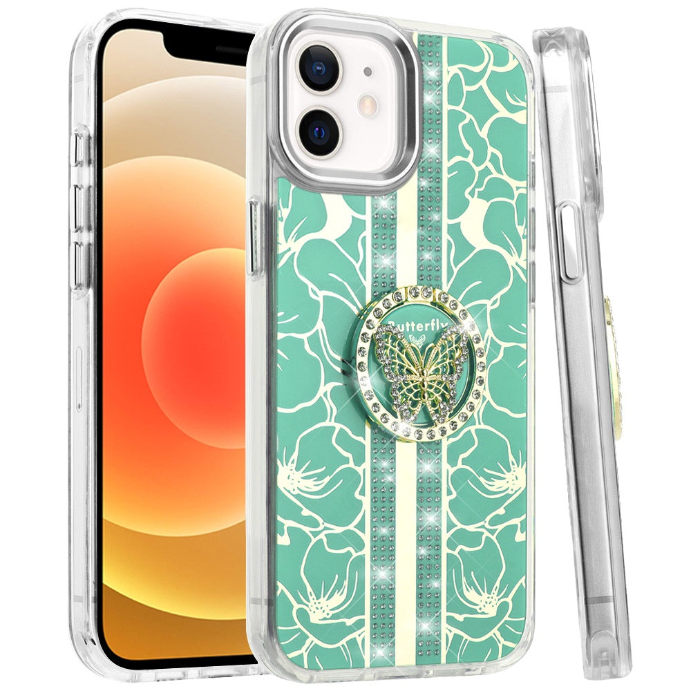 For Apple iPhone 15 Diamonds 3D Butterfly Floral Design Bling Sparkly Glitter Hybrid Metal Fashion with Ring Stand Case Cover