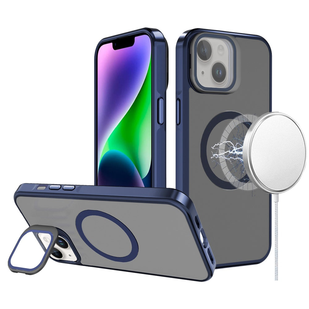 For Apple iPhone 16 (6.1") Tough HQ Hybrid Case with Aluminum Frame Camera Stand, Compatible with MagSafe, Translucent Matte Shockproof Case Cover