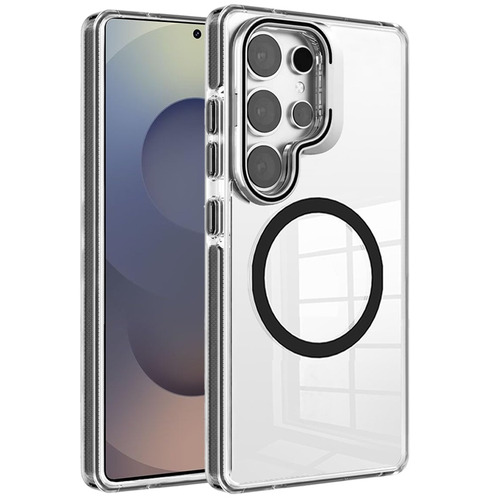 For Samsung Galaxy A06 Built-in Camera Kick-Stand, Compatible with MagSafe, Transparent Colorful Edged Tough Hybrid TPU Case Cover Clear Black