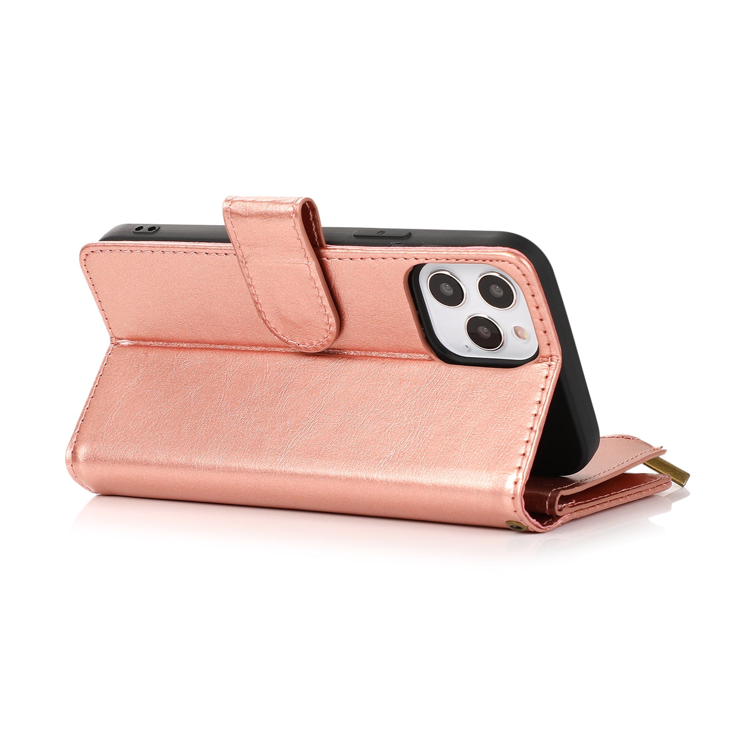 For Samsung Galaxy A16 5G PU Leather Zipper Wallet Case 9 Credit Card Slots Cash Money Pocket Clutch Pouch with Stand & Strap Case Cover Rose Gold