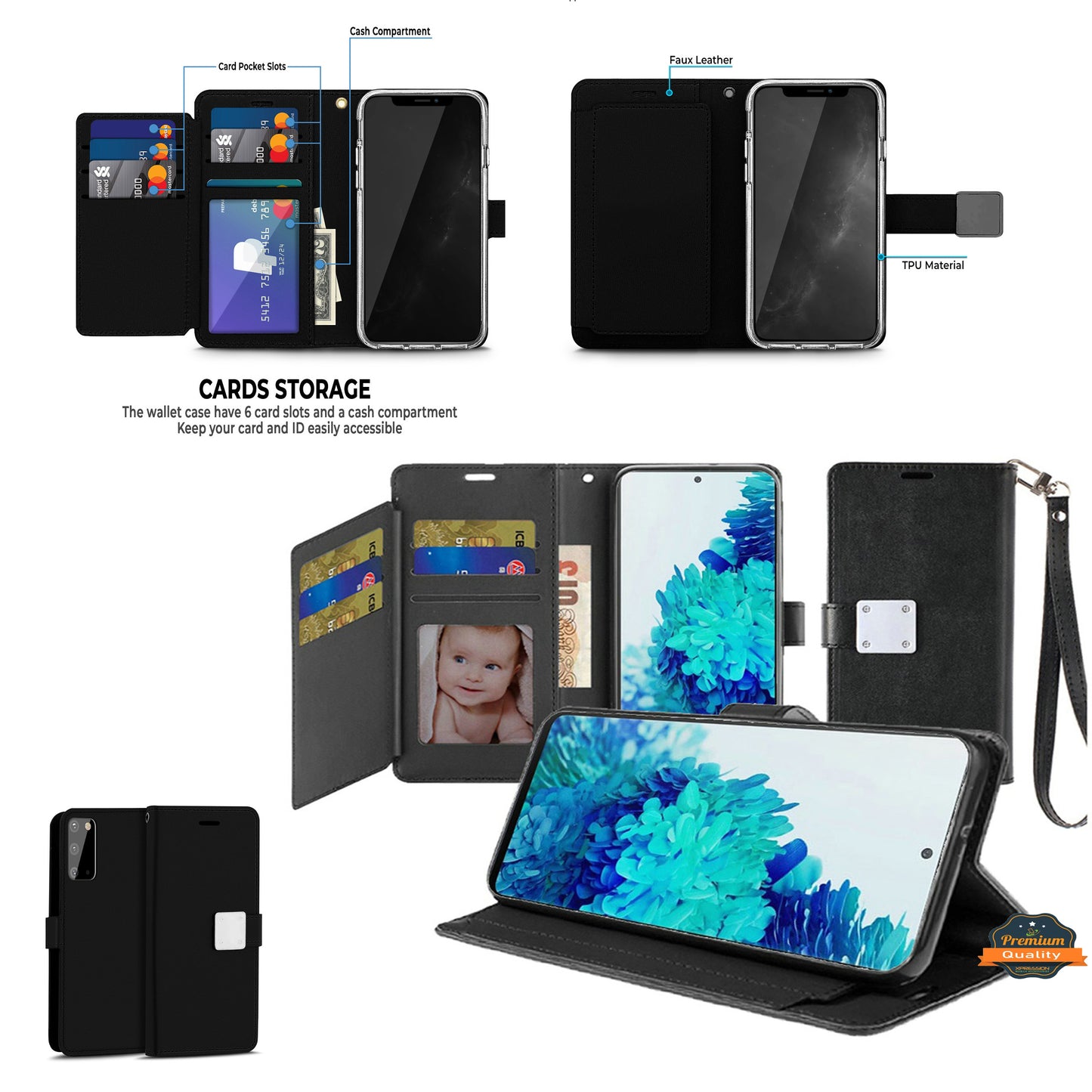 For Samsung Galaxy A16 5G Wallet PU Leather Credit Card ID Cash Holder Slot Dual Flip Pouch with Stand and Strap Case Cover