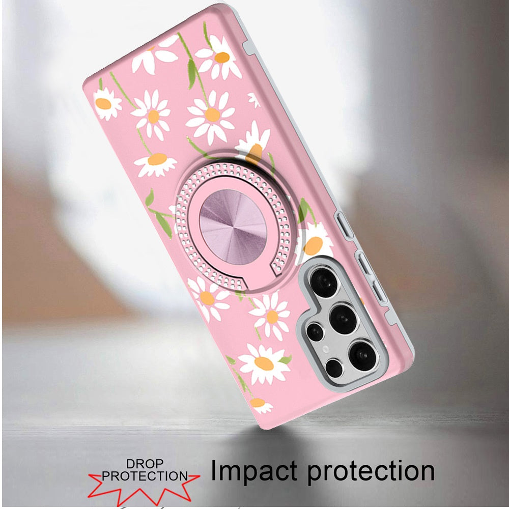 For Samsung Galaxy S23 Ultra Pattern Design Hybrid with Invisible Ring Stand & Magnetic Back, Shockproof Protective Grip Case Cover
