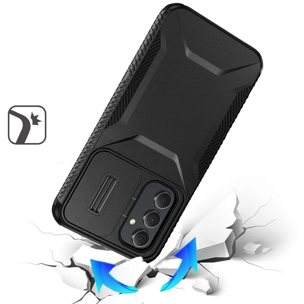 For Samsung Galaxy A16 5G Slim Fit Shockproof Hybrid with Slide Camera Window Covering, Rugged Tpu Silicone Hard PC Bumper Case Cover Black