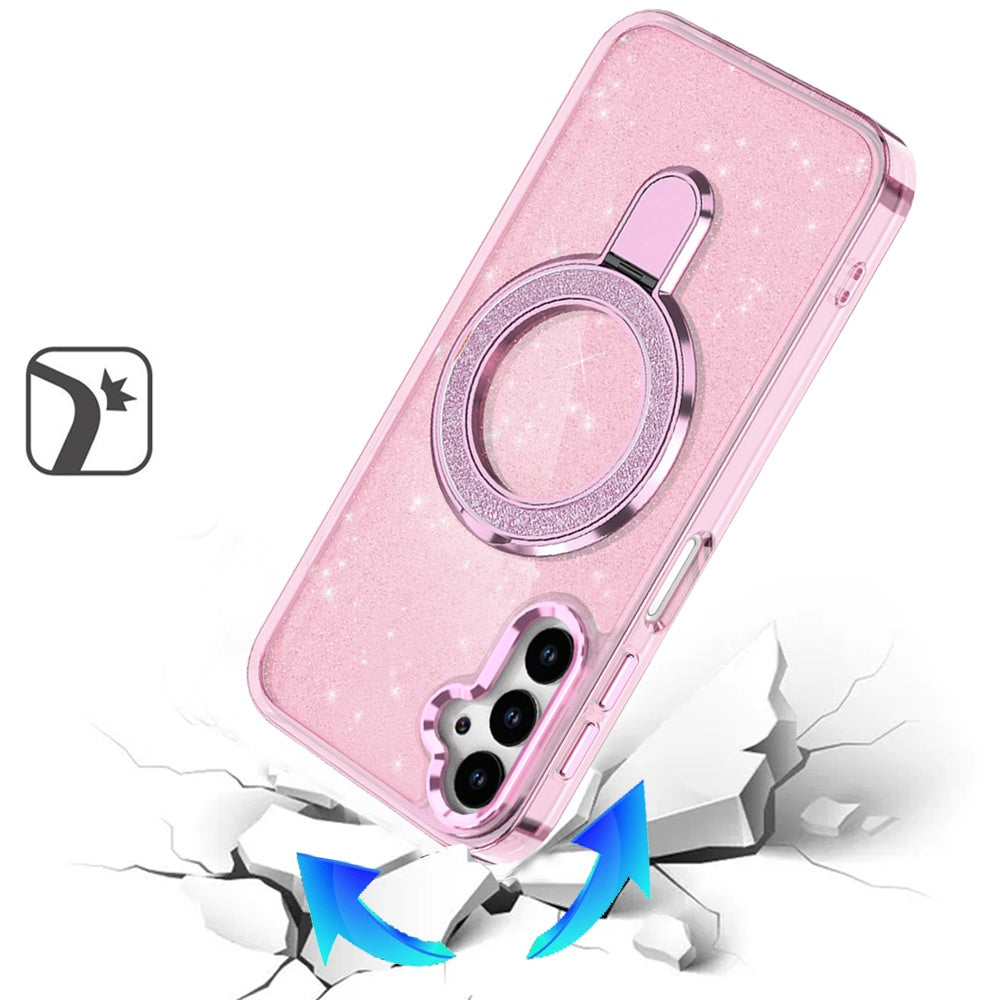 For Samsung Galaxy A16 5G Transparent Glitter Bling Case with Rotating Magnetic Ring Stand, Shockproof Hybrid Case Cover