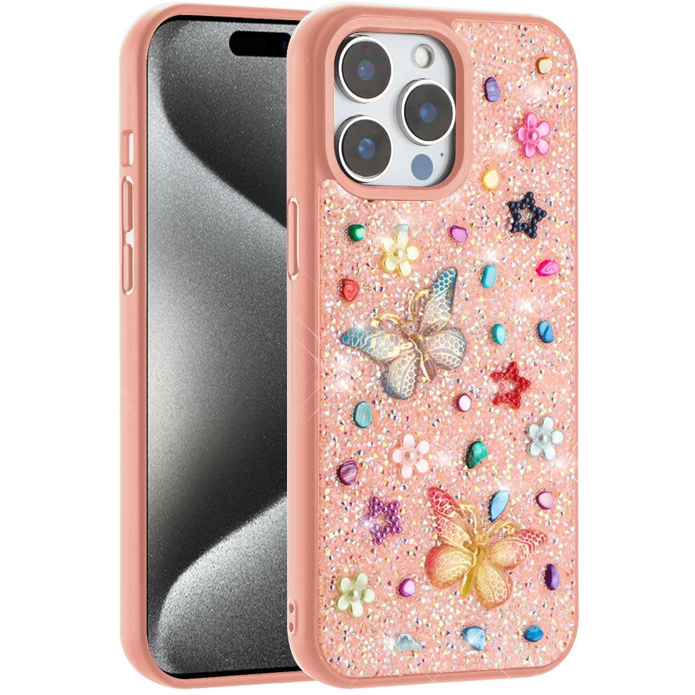 For Apple iPhone 15 Pro Max Diamond Butterfly 3D Glitter Bling Design, Slim Hybrid Sparkle Protective Cover TPU for Women Girls Case Cover