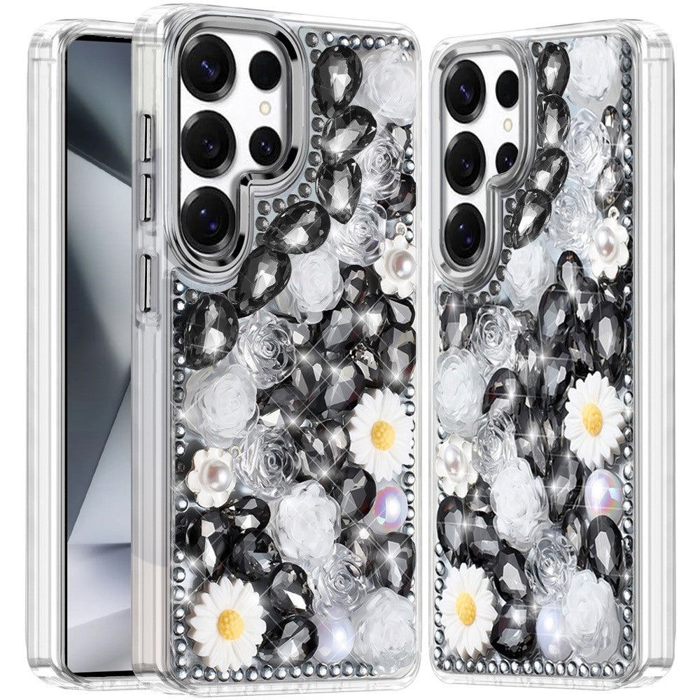 For Motorola Moto G Stylus 5G 2025 Fashion Daisy Floral Series, Full 3D Bling Crystal Diamonds Sparkling Rhinestone Glitter Hybrid Design Case Cover