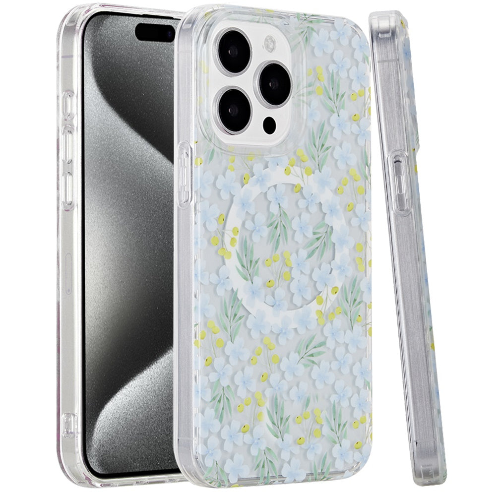 For Apple iPhone 16 Pro Max (6.9") Floral Pattern Design Cute Clear Hybrid Compatible with Magsafe Double Layer Soft TPU Hard PC Case Cover