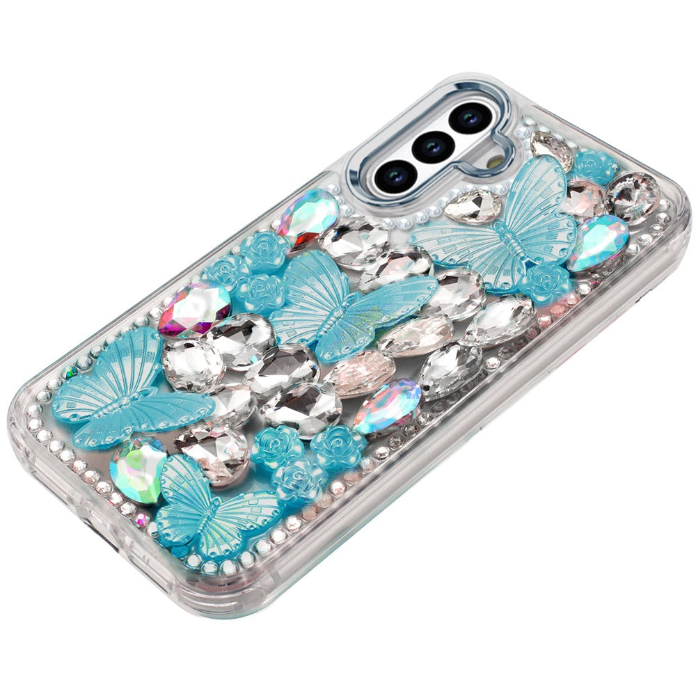 For Samsung Galaxy A16 3D Diamond Floral Butterfly Bling Stone Hybrid, Sparkly Rhinestone Gemstone Back Shockproof Case Cover