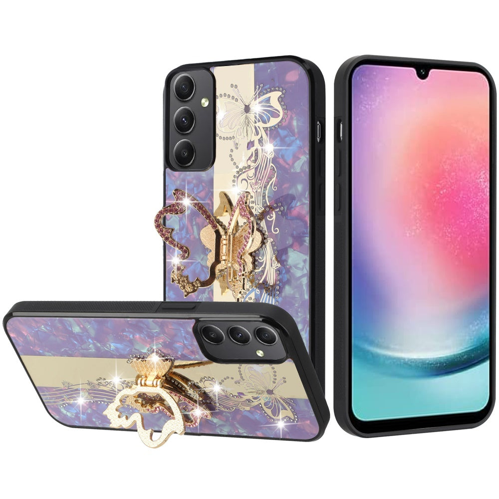 For Samsung Galaxy A06 Diamonds 3D Butterfly Bling Sparkly Glitter Ornaments Engraving Hybrid with Ring Stand Fashion Case Cover Enchanted Butterfly Purple