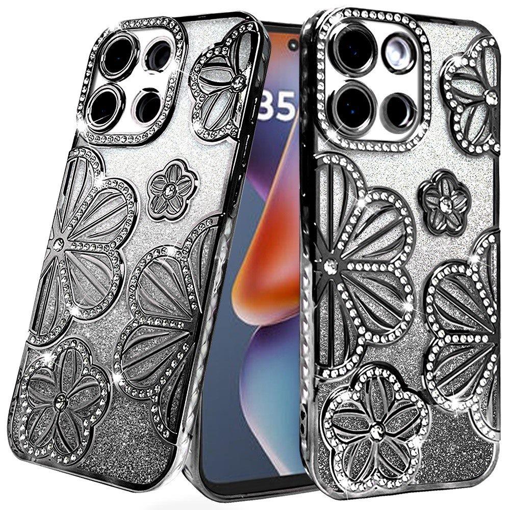 For Samsung Galaxy A16 Luxury Flower Design Sparkle Glitter Diamond Rhinestone Shimmer Bling Plating Thick TPU Hard PC Case Cover