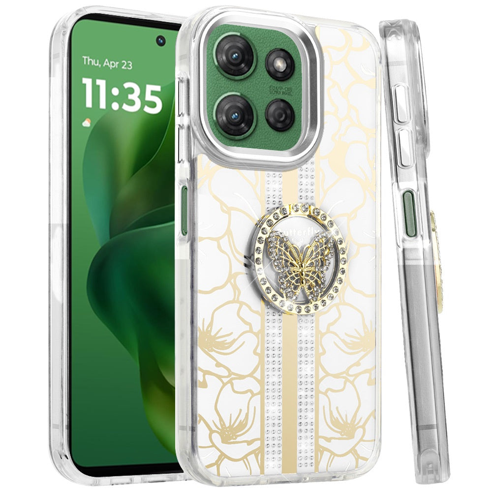 For Motorola Moto G Stylus 5G 2025 Diamonds 3D Butterfly Floral Design Bling Sparkly Glitter Hybrid Metal Fashion with Ring Stand Case Cover