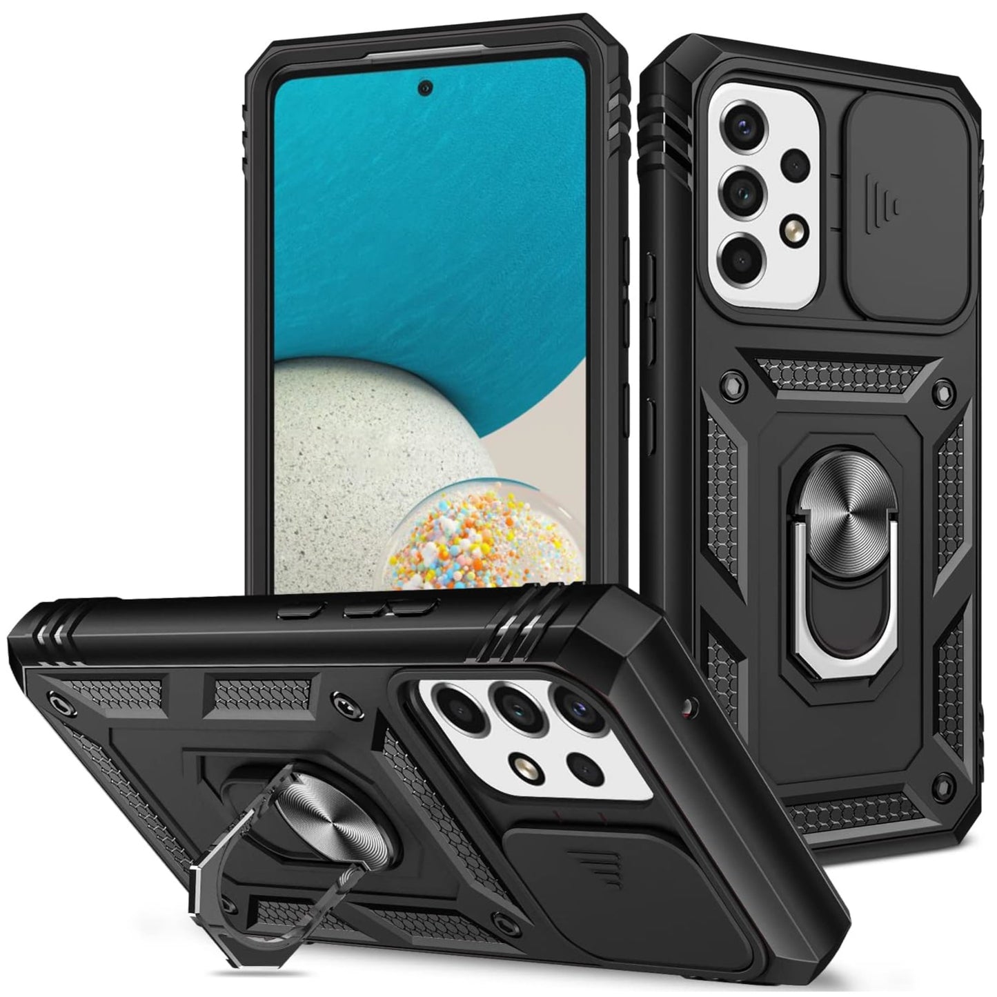 For Samsung Galaxy A16 5G Built in Sliding Camera Lens Protection & Finger Ring Stand Holder Hybrid TPU PC Shockproof Case Cover