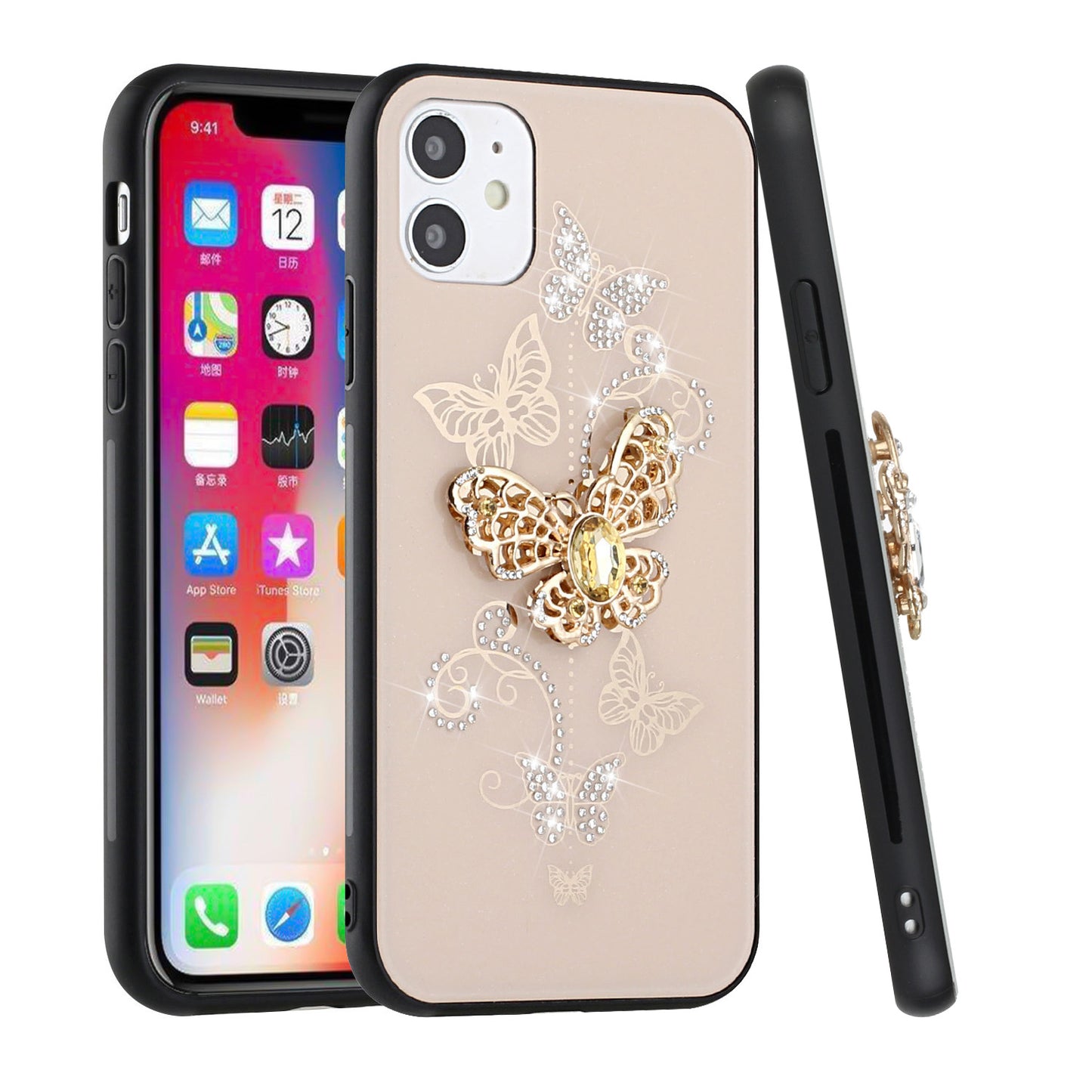 For Samsung Galaxy A06 Diamonds 3D Butterfly Bling Sparkly Glitter Ornaments Engraving Hybrid Metal Fashion Case Cover Gold Garden Butterflies