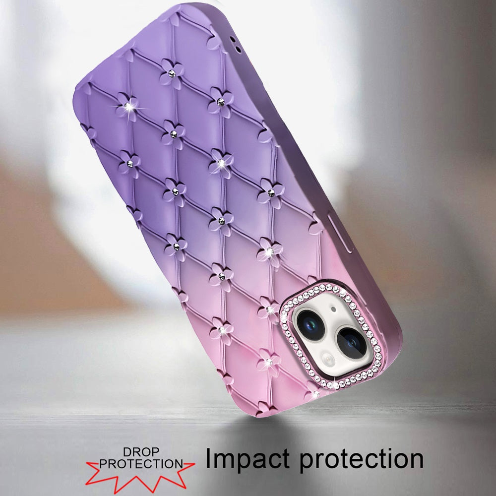 For Apple iPhone 11 Fashion Flower Design Sparkle Glitter Shimmer Rhinestone Bling Floral Accents, Leather Texture TPU Case Cover Light Pink /Light Purple