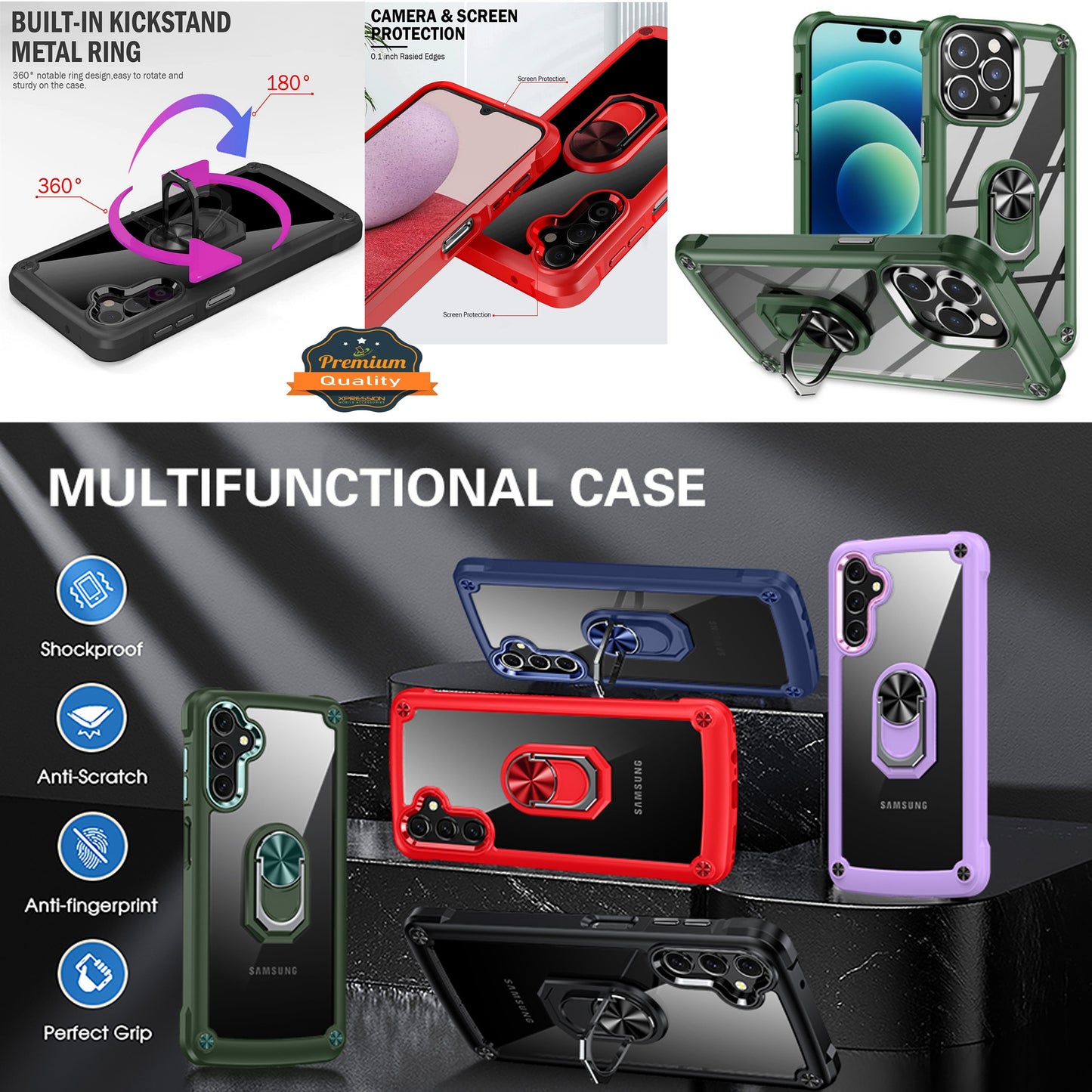 For Apple iPhone 15 Pro Max (6.7") Clear Transparent Hybrid with 360° Magnetic Ring Stand PC Heavy Duty Shockproof Phone Case Cover