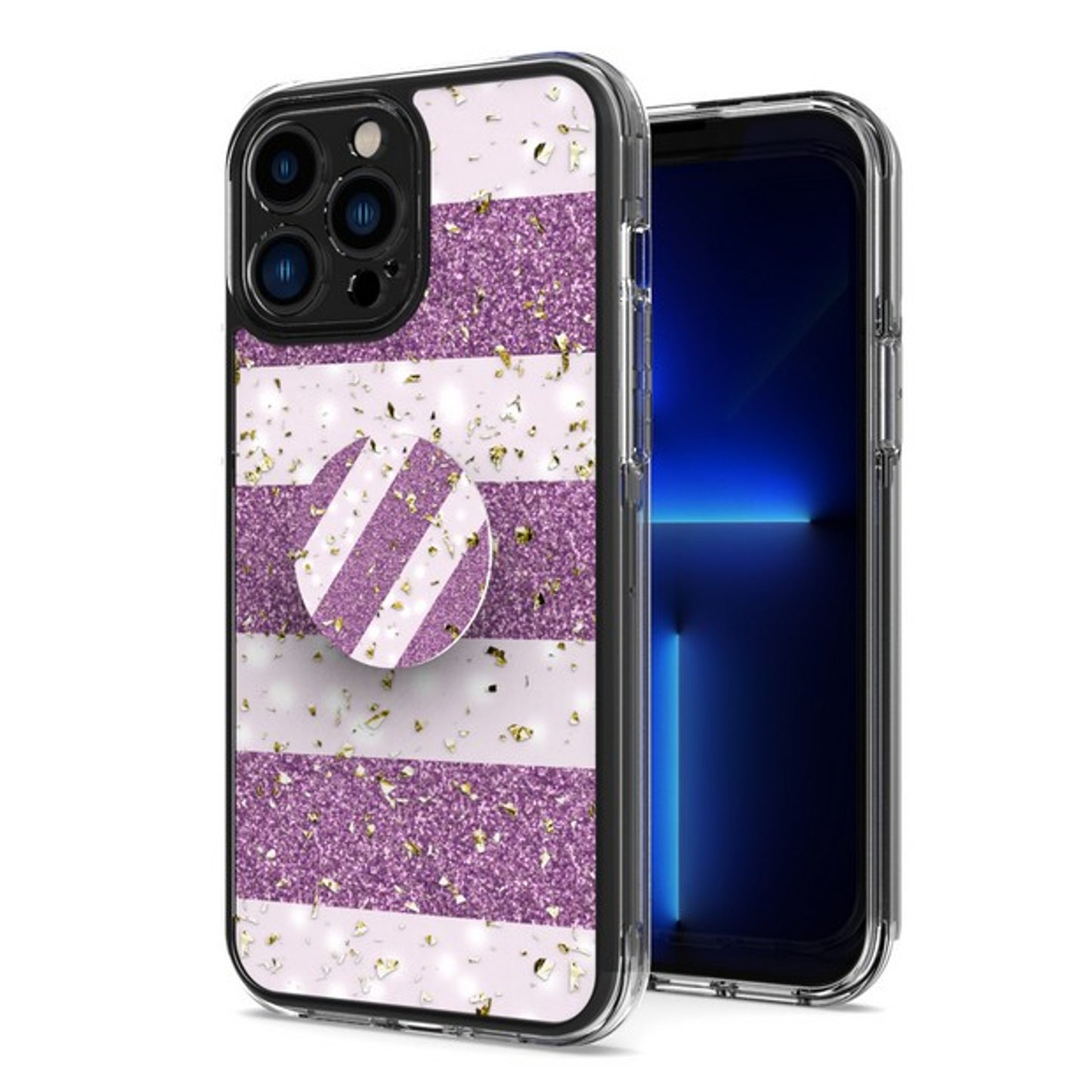 For Apple iPhone 15 Pro Max (6.7") Elegant Pattern Design Bling Glitter Hybrid Ring Stand Pop Up Finger Holder Kickstand Phone Case Cover