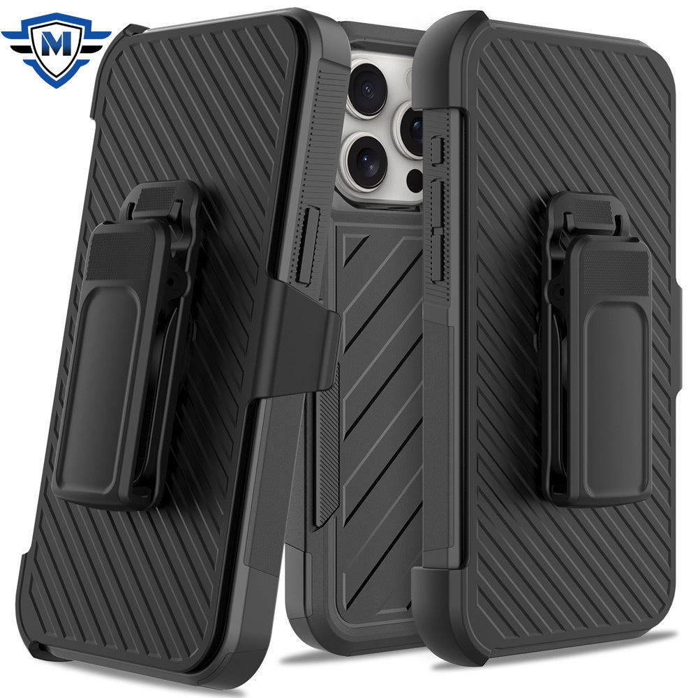 For Samsung Galaxy A16 5G Premium Design Hybrid lined with Belt Clip Holster Shockproof Rugged Textured 2in1 Non Slip Tough Case Cover Black