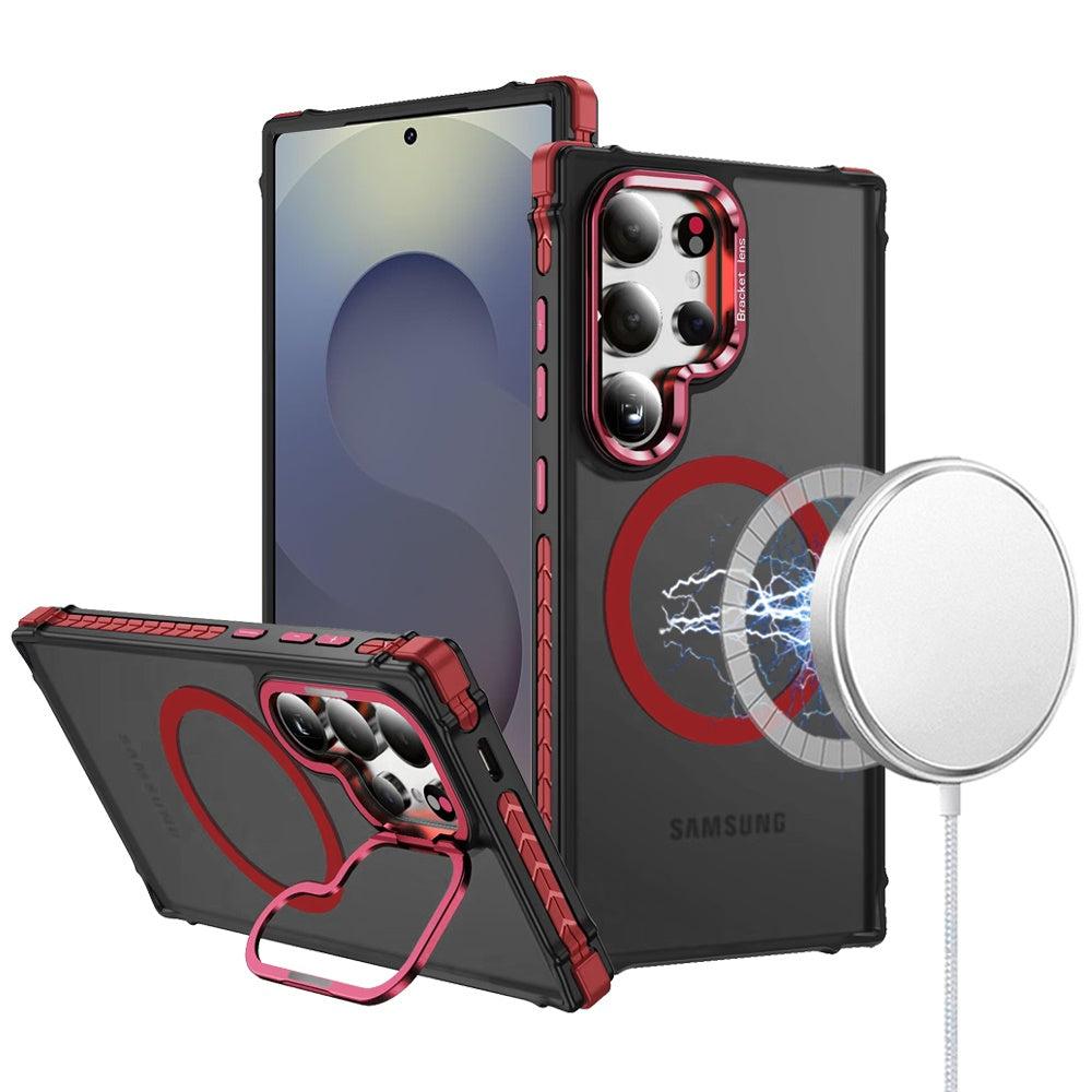 For Samsung Galaxy S25 Ultra Hybrid Metal Camera Stand Ring Sturdy, Compatible with MagSafe, Matte Hard TPU Colorful Edge Case Cover