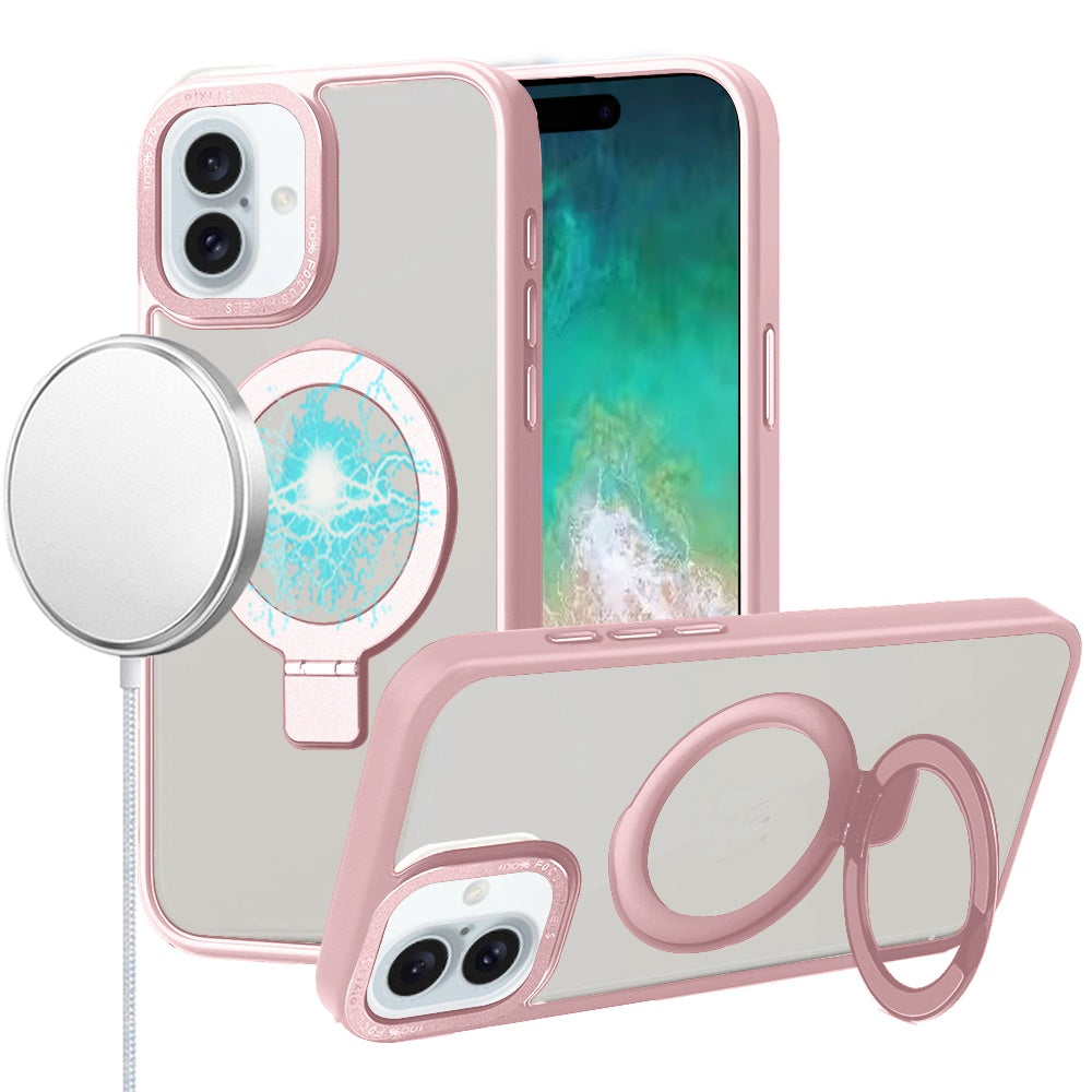 For Apple iPhone 16 (6.1") Magnetic Metal Matte Built-in Compatible with MagSafe Stand Hybrid Shock Armor TPU Case Cover Pink