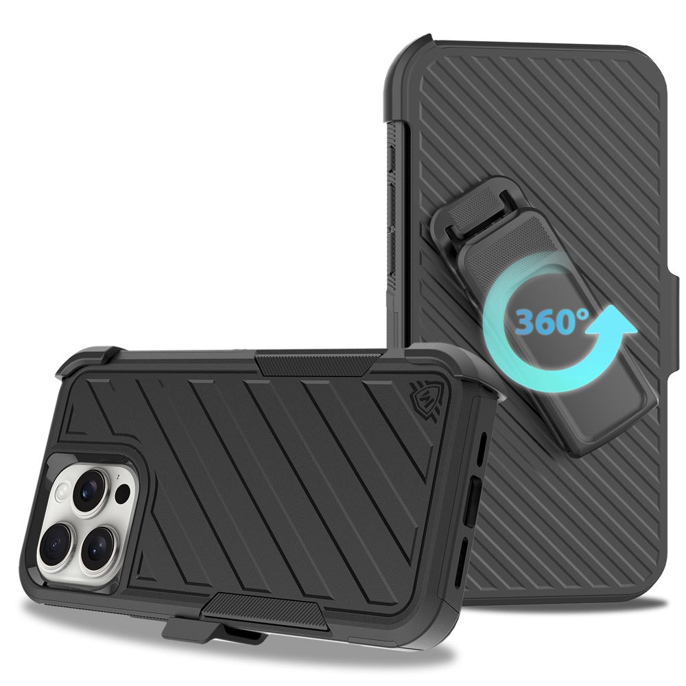 For Apple iPhone 16 Pro (6.3") Combo Hybrid lined with Belt Clip Holster Armor Shockproof Rugged Textured 2in1 Non Slip Tough Case Cover Black / Black