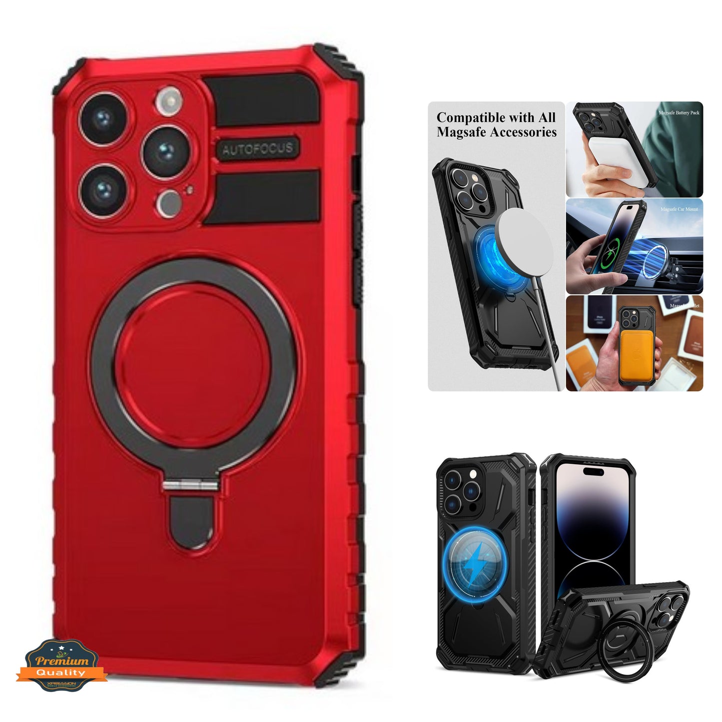 For Apple iPhone 15 Pro Max (6.7") Hybrid Invisible Stand Compatible with Magsafe 360° Ring Kickstand Shockproof Phone Case Cover