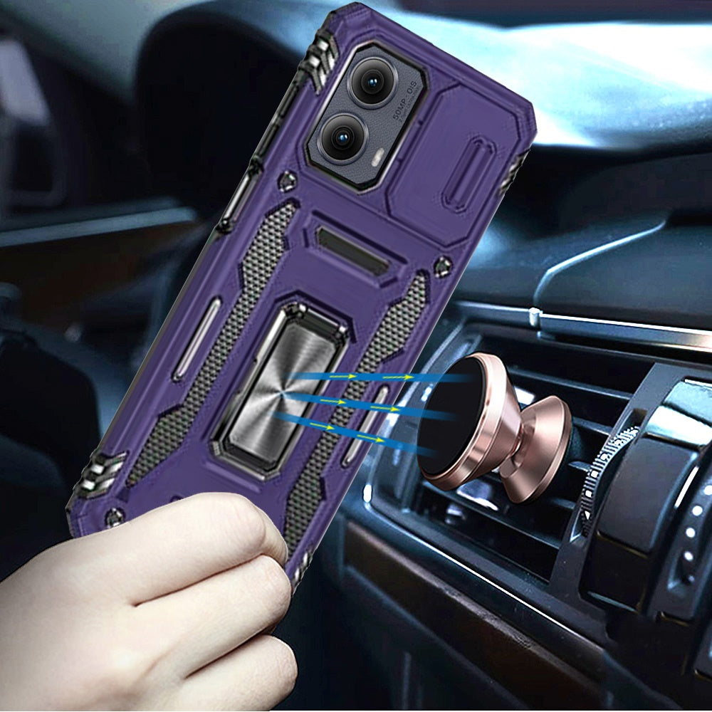 For Apple iPhone 16e Tough Hybrid Case with Movable Camera Window & Metal Ring Stand Shockproof Case Cover Dark Purple