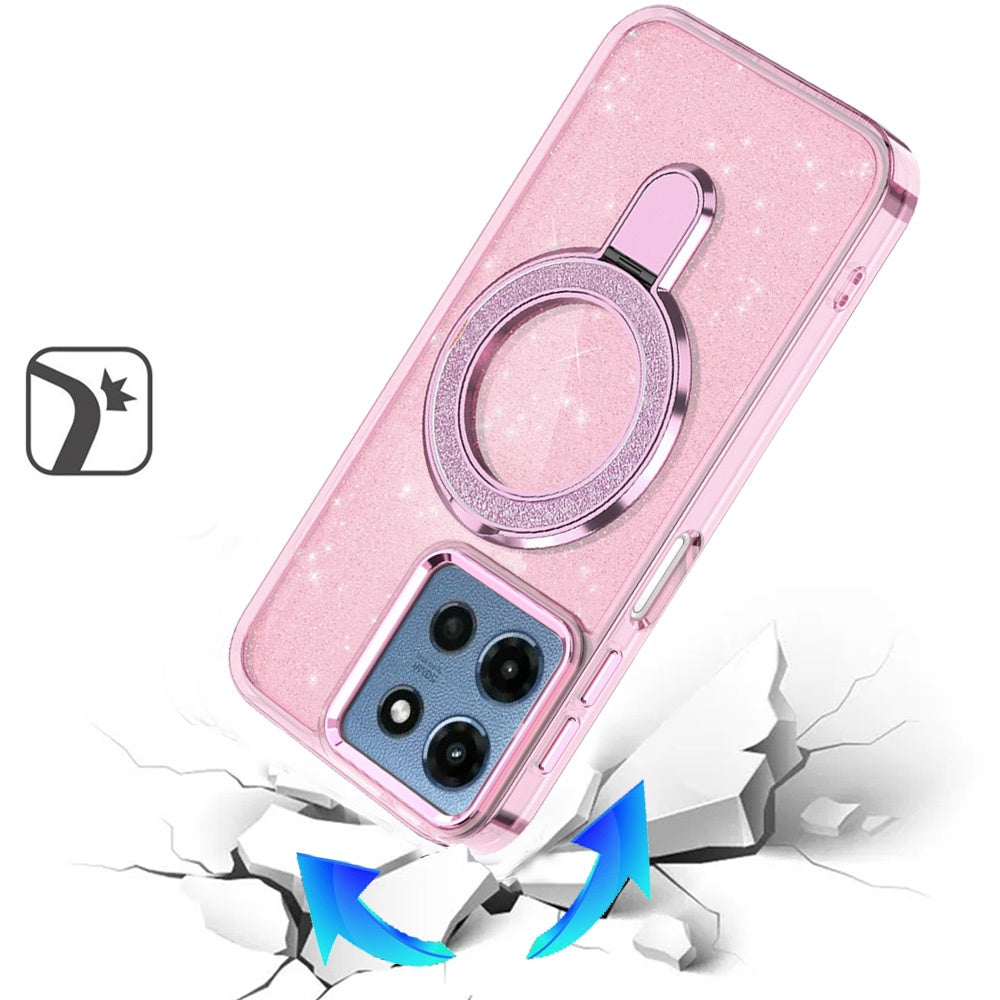 For Motorola Moto G Stylus 5G 2025 Transparent Glitter Bling Case with Rotating Magnetic Ring Stand, Shockproof Hybrid Case Cover