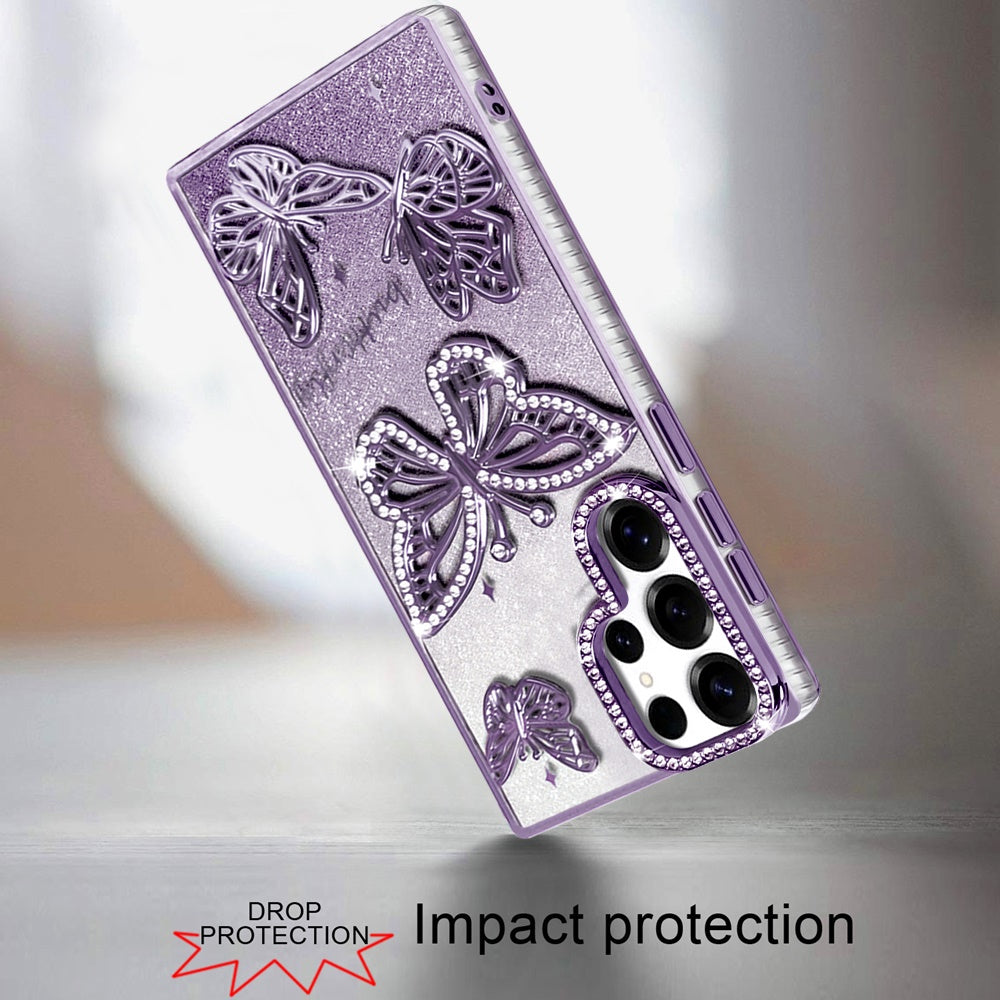 For Samsung Galaxy S24 Ultra Luxury Butterfly Sparkle Glitter Diamond Crystal Rhinestone Shimmer Bling Plating Thick TPU Hard PC Case Cover