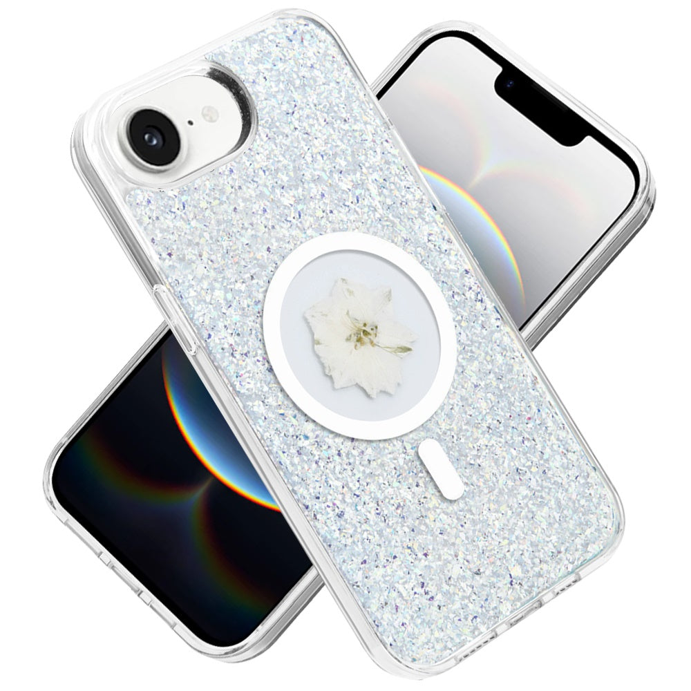 For Apple iPhone 16e MagSafe Compatible Glitter Flower Epoxy Hybrid Slim TPU Case, Magnetic Circle Design, Sparkly Bling Protective Case Cover