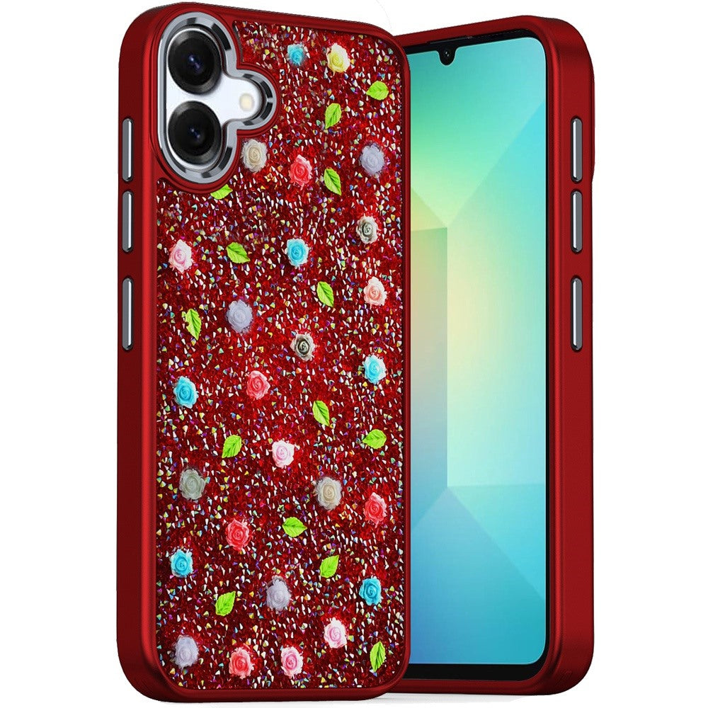 For Samsung Galaxy A06 Floral Design Embedded Glass Diamond Fancy Fashion Glitter Bling Sparkly Hybrid Rugged TPU Bumper Case Cover