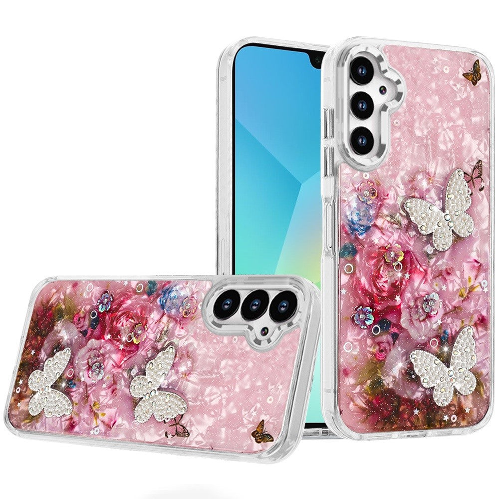 For Samsung Galaxy A36 Epoxy Glitter Flowers Bling 3D Butterfly Fashion TPU Hybrid with Shockproof Protection Case Cover