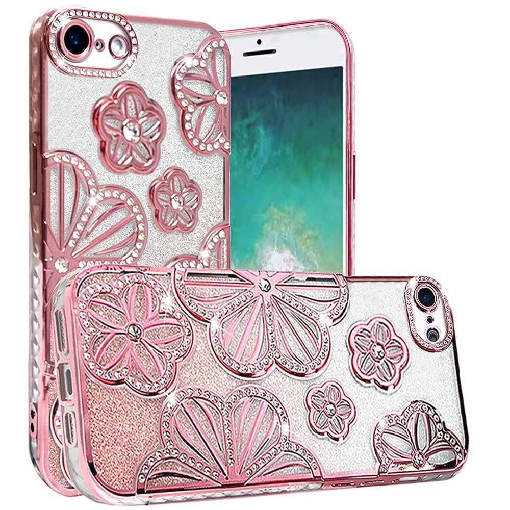 For Samsung Galaxy A16 Luxury Flower Design Sparkle Glitter Diamond Rhinestone Shimmer Bling Plating Thick TPU Hard PC Case Cover Flower Rose Gold