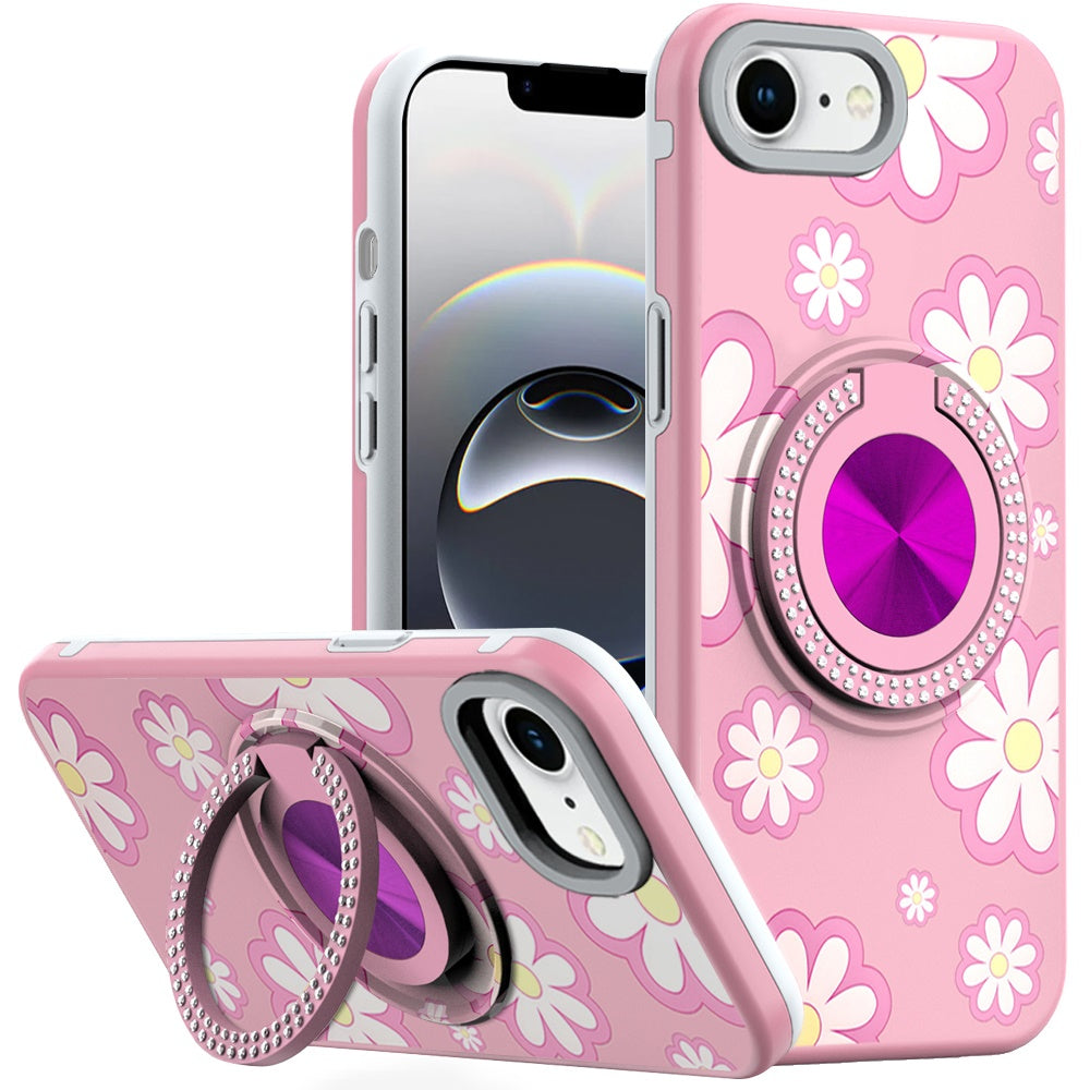 For Apple iPhone 16e Pattern Design Hybrid with Invisible Ring Stand & Magnetic Back, Shockproof Protective Grip Case Cover