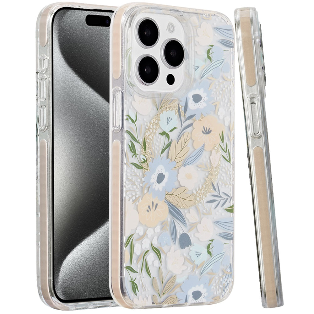 For Apple iPhone 16 Pro Max (6.9") Floral Pattern Design Cute Clear Hybrid Compatible with Magsafe Double Layer Soft TPU Hard PC Case Cover