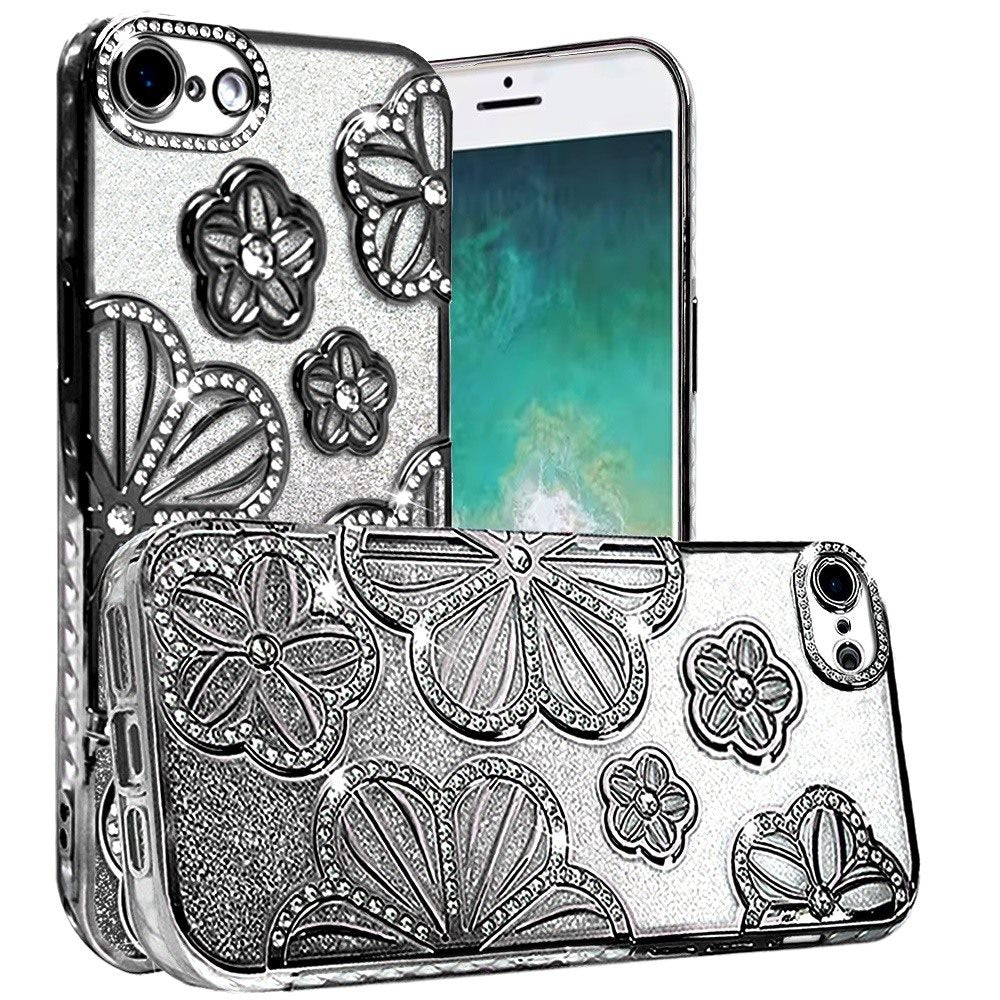 For Samsung Galaxy A16 5G Luxury Flower Design Sparkle Glitter Diamond Rhinestone Shimmer Bling Plating Thick TPU Hard PC Case Cover Flower Black