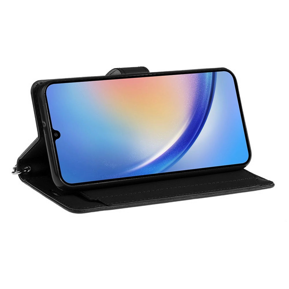 For Samsung Galaxy A16 5G Premium Leather Wallet with Credit Card ID Slots Cash Holder Duo Flip Pouch Stand and Strap Case Cover Black