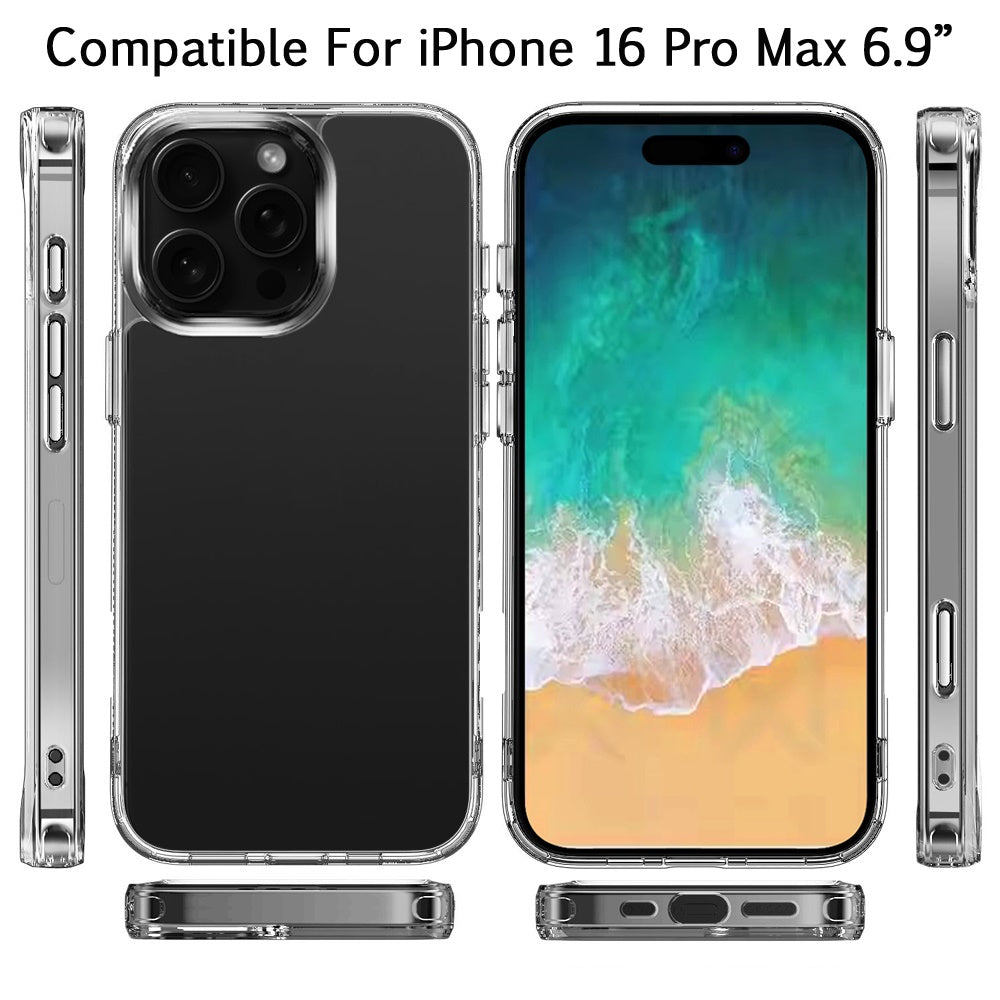 For Apple iPhone 16 Pro Max (6.9") Premium Hybrid HD Crystal Clear Hard PC Back Gummy Thick 2.0mm TPU Frame Slim Fit Case Cover Transparent