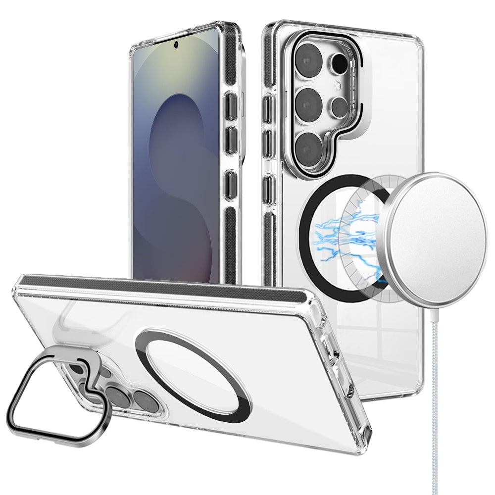 For Samsung Galaxy A06 Built-in Camera Kick-Stand, Compatible with MagSafe, Transparent Colorful Edged Tough Hybrid TPU Case Cover Clear Black