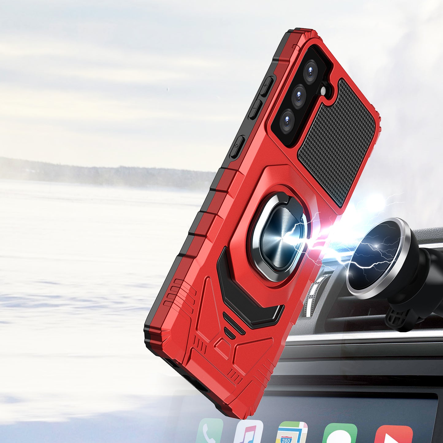 For Hybrid Dual Layer with 360° Rotate Magnetic Ring Stand Holder Kickstand TPU Rugged PC Shockproof Red Tablet Case Cover