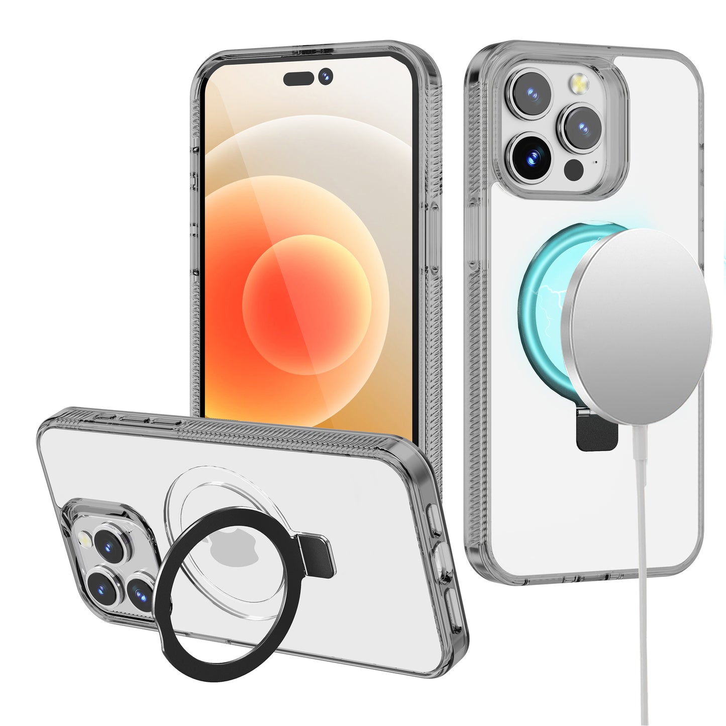 For Apple iPhone 16 Pro Max (6.9") Transparent HQ Magnetic Ring Circle Stand with MagSafe Compatible Hybrid Dotted Edged Case Cover