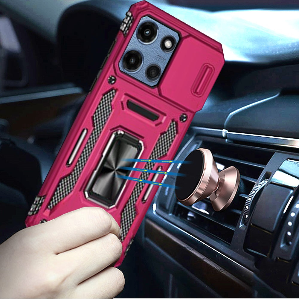 For Apple iPhone 16e Tough Hybrid Case with Movable Camera Window & Metal Ring Stand Shockproof Case Cover Hot Pink