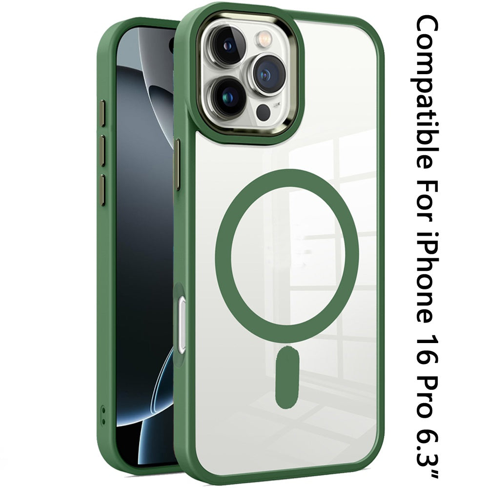 For Apple iPhone 16 Pro (6.3") MagSafe Compatible Transparent Greatest Clear Acrylic with Color Frame Thick Hybrid TPU Hard Case Cover