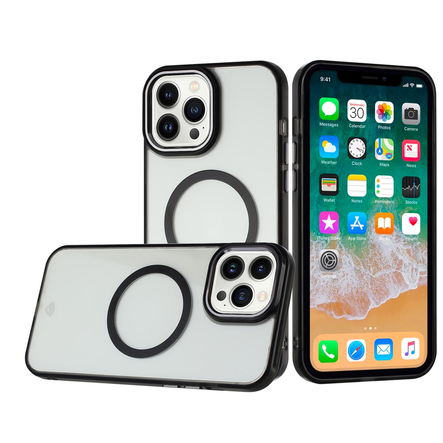 For Apple iPhone 13 Pro Transparent Back Hybrid Case - Magnetic Circle, Color Frame, Metal Buttons, MagSafe Compatible Case Cover Black