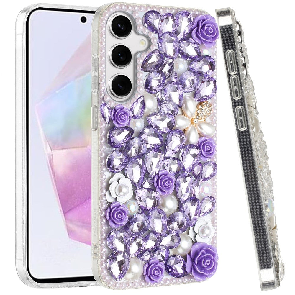 For Samsung Galaxy A36 Fashion Rose Flower Floral Bling Crystal 3D Full Diamonds Pearl Sparkle Rhinestone Glitter Hybrid Case Cover