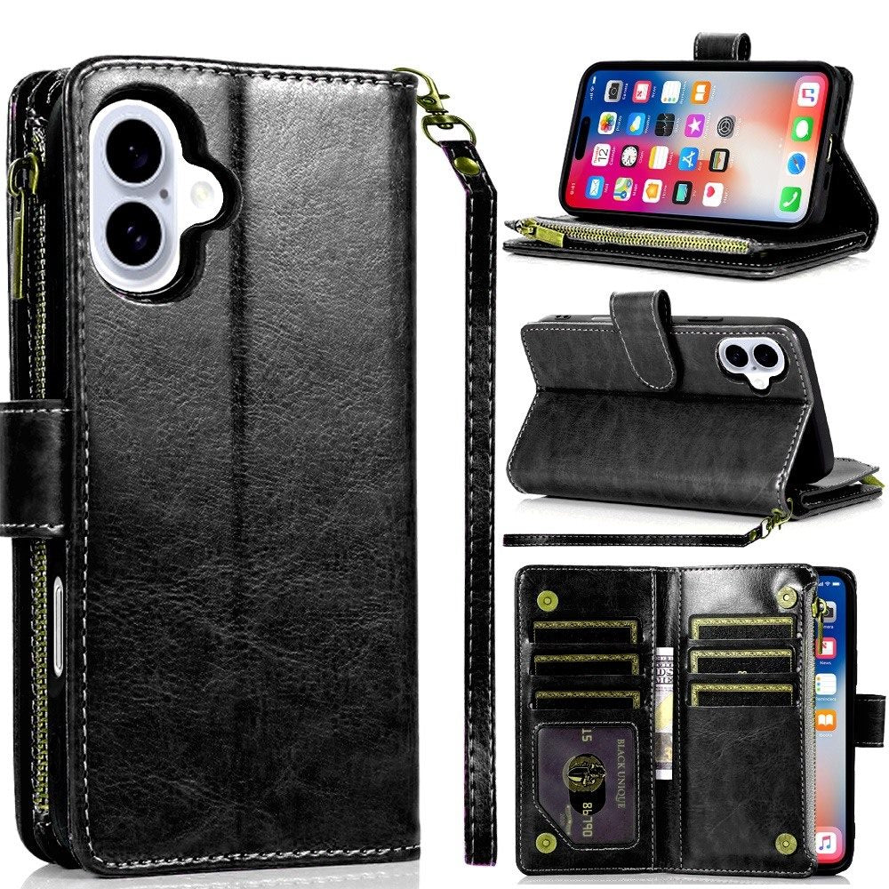For Motorola Moto G Stylus 5G 2025 Leather Wallet Case with Zipper, 9 Card Slots, Cash Pocket, Stand & Strap, Clutch Pouch Design Case Cover Black