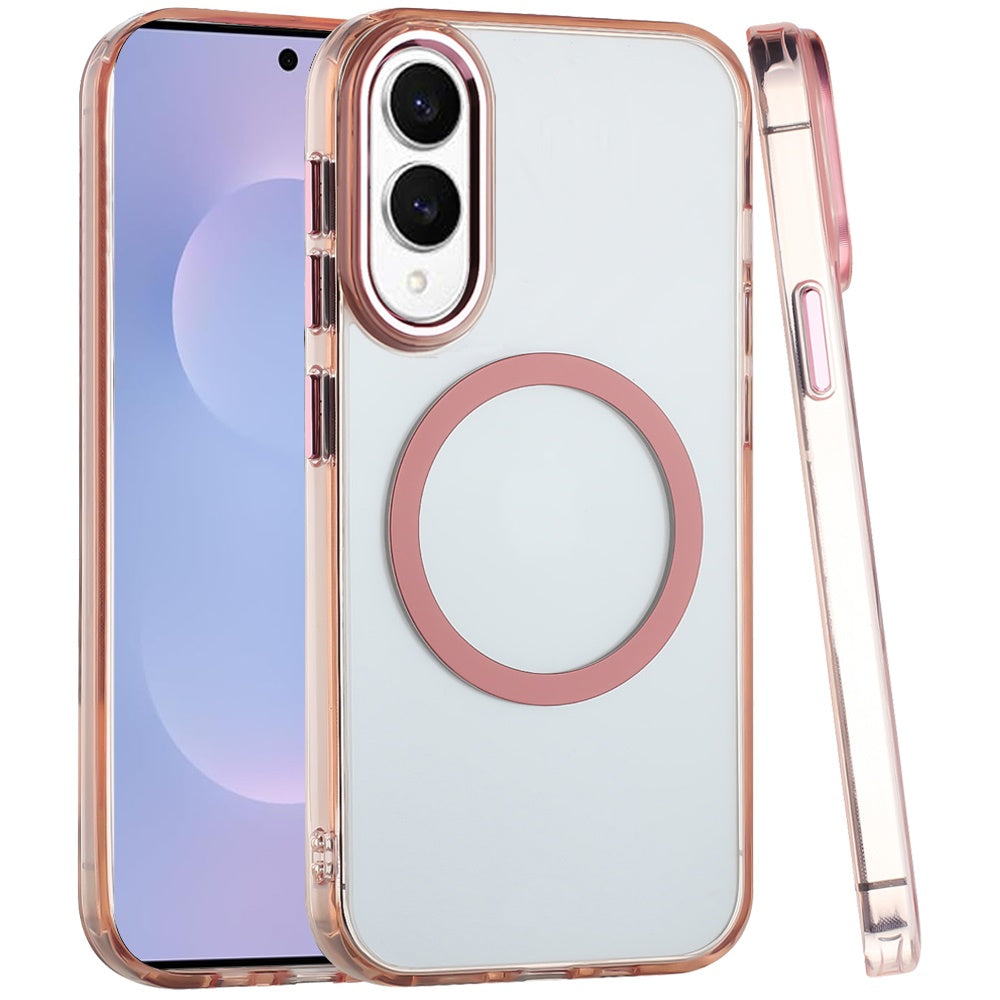 For Samsung Galaxy S25 EDGE Transparent Back Hybrid Case - Magnetic Circle, Color Frame, Metal Buttons, MagSafe Compatible Case Cover
