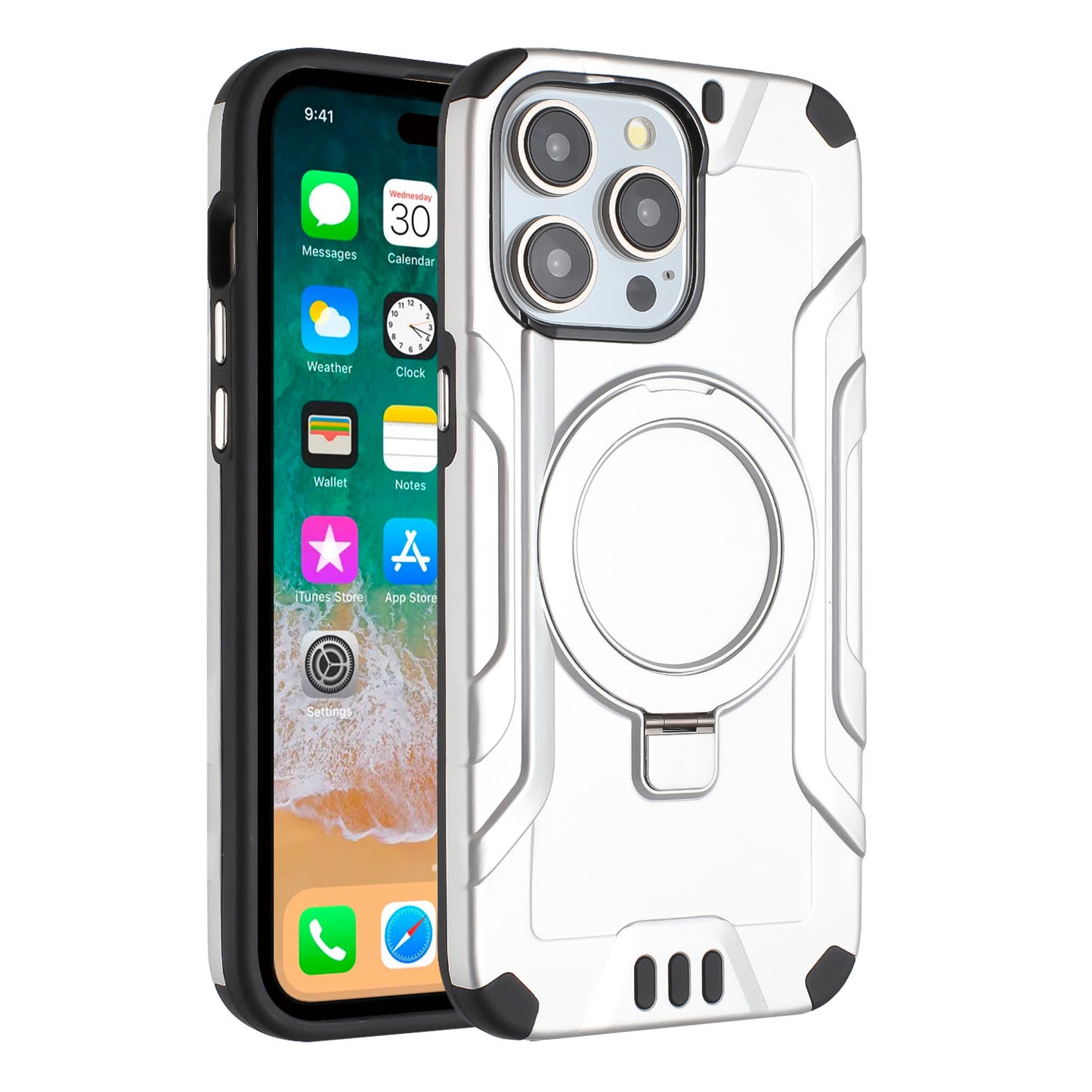 For Apple iPhone 15 /6.1" Brushed Armor Rugged Hybrid with Invisible Magnetic Circle Kickstand Shockproof Hard PC Protective Case Cover -